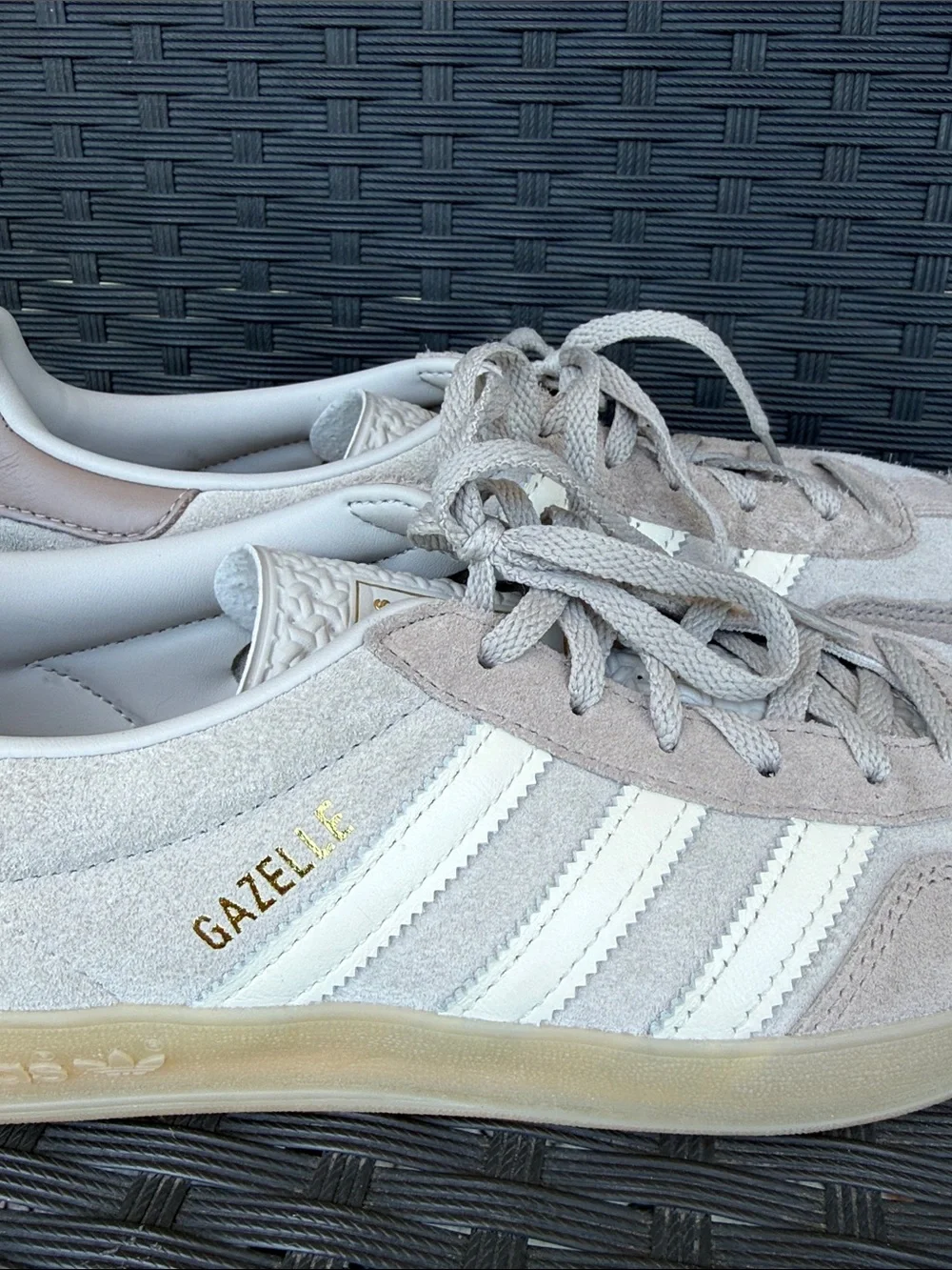 Adidas Gazelle Suede Sneakers in Taupe/Brown, Cream, and Gold